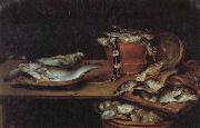Alexander Adriaenssen Still Life with Fish,Oysters,and a Cat painting